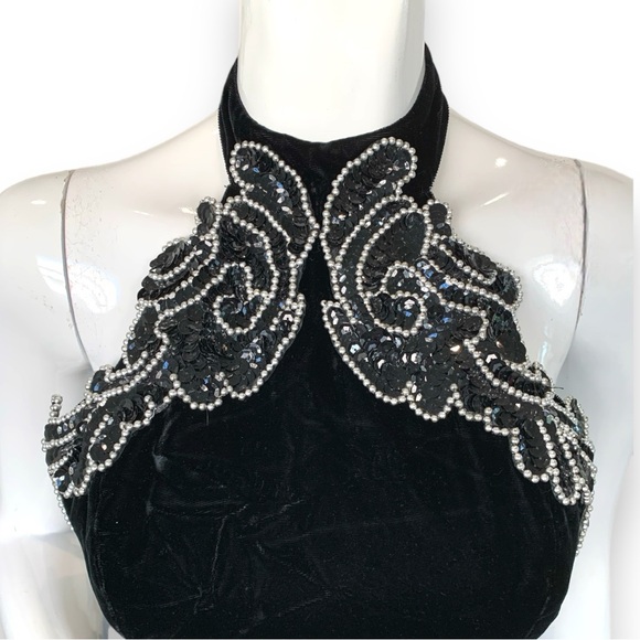 BETSY & ADAM VINTAGE BLACK VELVET SEQUIN BEADED PARTY HALTER DRESS JUNIOR 5-6 - Picture 5 of 10